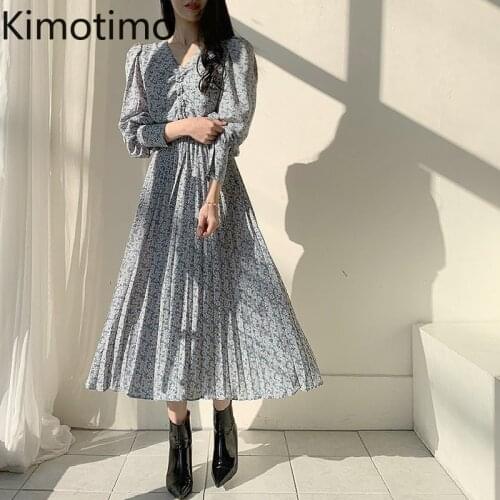 Kimotimo Floral Midi Dress Women 2020 Winter V Neck Long Sleeve Pleated Slim Elegant Chiffon Korean Chic Dresses Vestido Femme