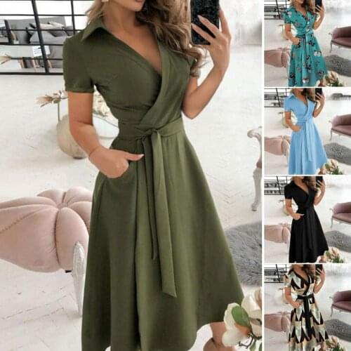Summer Casual Solid Color Short Sleeve Belt Large Hem Dress Party Dress Printed for Cocktail