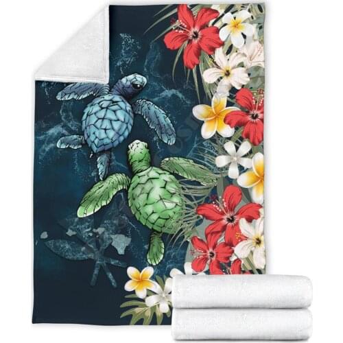 Sea Turtle Tropical Hibiscus And Plumeria Sherpa Blanket Plush Velvet Warm Sheet Cartoon Office Nap 3D Printed Fleece Blanket