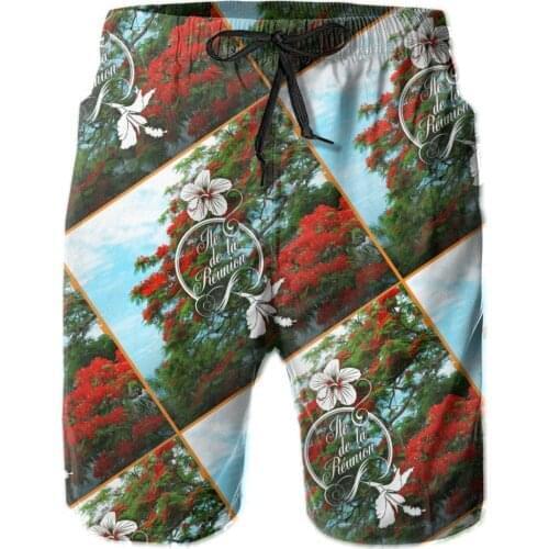 Male Shorts Beach R248 Breathable Quick Dry Humor Graphicrunning 974 Reunion Island Flamboyant & Hibiscus