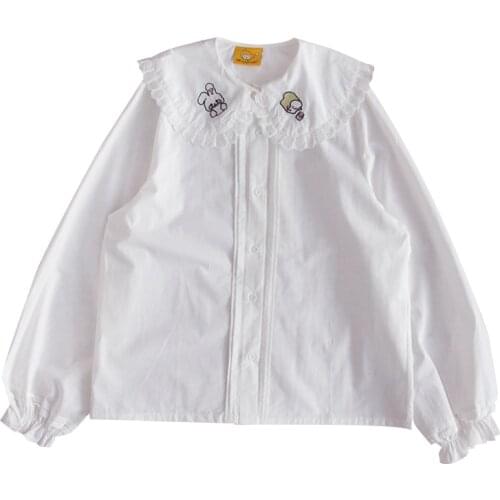Fall Cute Fashion Sweet Women Blouse Harajuku Kawaii Rabbit Long Sleeve Shirts Teen Girl Lolita White Peter Pan Collar Tops 2021