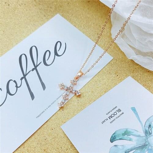 46cm Stainless Steel Rose Gold Necklace For Women Catholicism Copper Set Full Zircon Cross Pendant Necklace Jewelry On The Neck