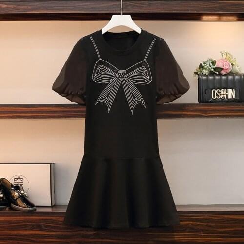 Plus size women bow diamond black dresses Summer puff sleeve loose casual ruffles patchwork gothic dress female vestidos 2021