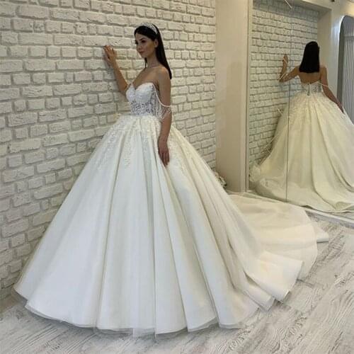 Luxury Lady Dress Latest Design Wedding Dress Sweetheart Applique Sequins Bead Tassel Ball Gown Bridal Gown