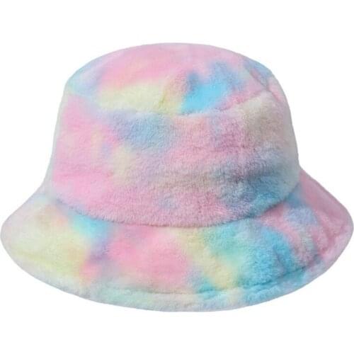 Winter women casual faux fur bucket hat Ladies tie dye Gradient Thick warm fisherman caps Panama gorros