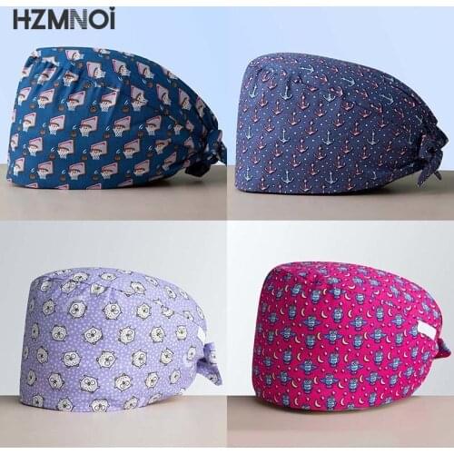 Fine Cotton Cartoon Print Ladies Nurse Cap Doctor Surgery Cap Pet Hospital Surgeon Cap Dentist Cap Beauty Salon Chef Scrub Cap