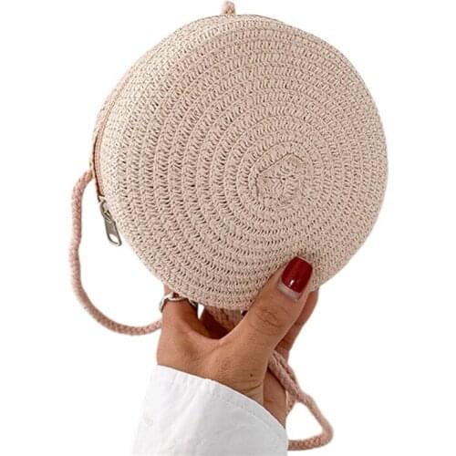Girls Straw Crossbody Bag with Zipper Closure Solid Color Round Shape Shoulder Bag Storage Bag for Kids Gifts 10 Colors