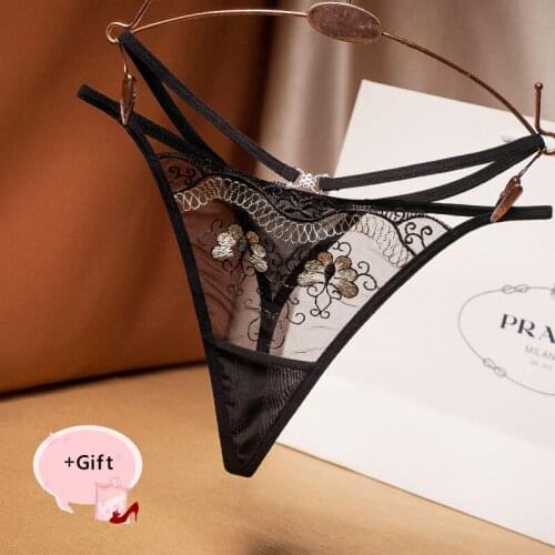 Women Sexy panties Lace Transparent thong female mesh embroidery G-String Ultra-thin Panties Lover Valentines Gift Underwear
