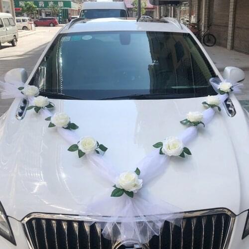 Wedding Car Diy Decor 2021 Trendy Artificial Flower Head Bridal Car Door Mirror Handle Ribbon Silk Corner Galand Tulle Gifts Set