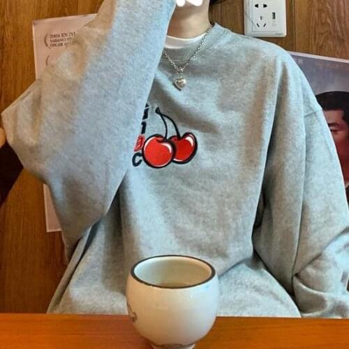 Harajuku Streetwear WomenS Sweatshirt Embroidered Cherry Ladies Pullover Loose O-Neck Full Sleeve Lazy Fall Top 2021 y2k