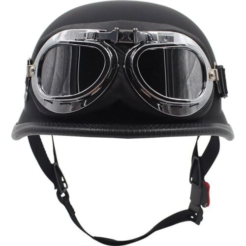 Vintage Leather Motorcycle Helmet PU Leather Black Motorbike Open Face Half Helmet Chopper Pilot Scooter Cruiser Moto Helmet