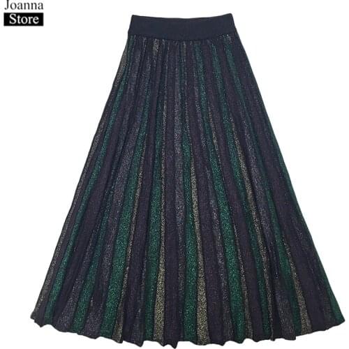 Spring Knitted Color Stripes Bright Silk Stitching Skirt Women High Waist Loose Pleated Skirts Autumn Plus Size Clothes Female