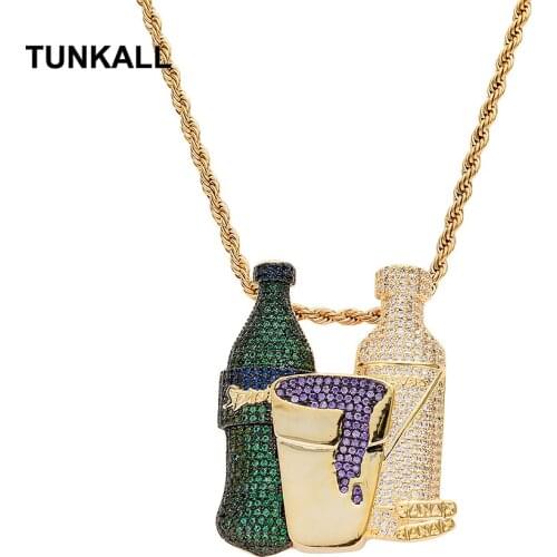 TUNKALL Bling Bling Brass CZ Jewelry Men bottle Shape Pendants Rocker Necklace Hip Hop Jewelry Women Party Gift CN271