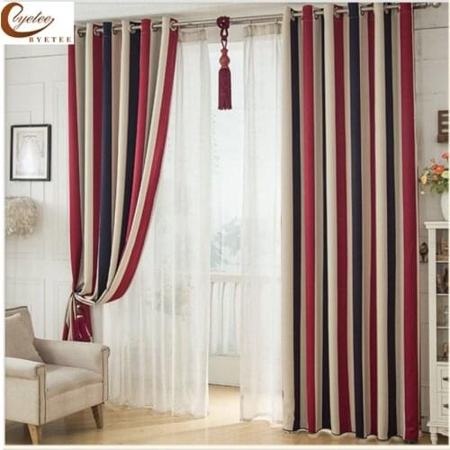[byetee] Mediterranean Red-blue vertical stripe Curtain For Children room Boy Girl room Living Room Bedroom pastoral curtain