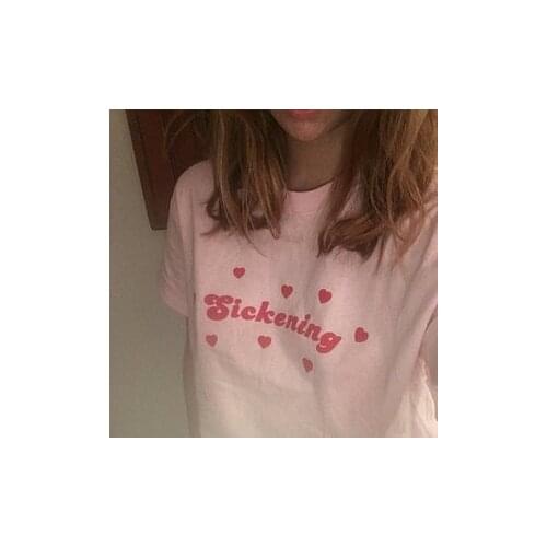 Sickening Aesthetic Pink T-Shirt Women Tumblr Fashion Cute Tee Shirt Camiseta Rosa Feminina White Heart Graphic Tees Tops