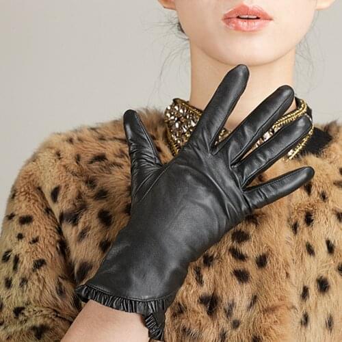 Women Genuine Sheepskin Leather Gloves Autumn Winter Warm Full Finger Black Ruffle Mittens High Quality S2146