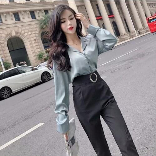 2020 Spring and Autumn Women New Korean Style Shirt Pants Suits Vintage Long Sleeve Top and Slim Pencil Pants Two Peice Set Z260