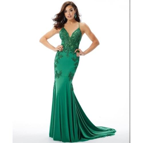 Sexy Green Mermaid Evening Dress 2021 Crystal Beading Sleeveless Backless Court Train Spaghetti Strap Women Formal Gowns Party