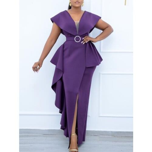 Elegant Women Party Prom Dresses Big Size High Slit Wrap Dress Ruffles Irregular Sexy Classy Ladies Evening Birthday Outfits