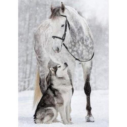 5D DIY Animal Painting Diamond Painting Square/Round Diamond Snow Horse and Dog Picture Cross Stitch Decoration Artwork WG2948