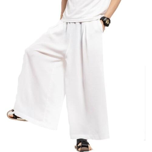 2020 Men Cotton Linen Wide Leg Pants White Harajuku Male Streetwear Harem Pants Man Chinese Style HanFu Kongfu Trousers Skirt