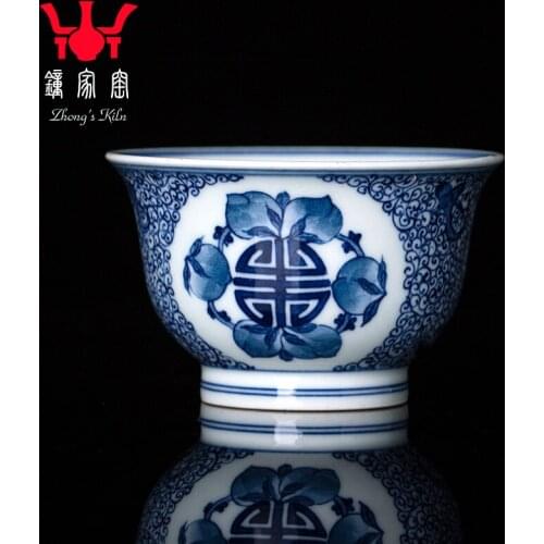 Maintain master clock home kiln cup of jingdezhen ceramic cups a single manual blue and white peach ShouXi cup cup
