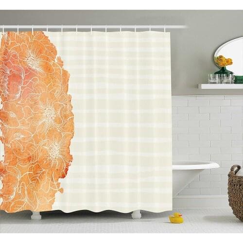 Flower Shower Curtain Tropical Exotic Hawaiian Island Floral in Side Frame with Abstract Stiped Backdrop Bathroom Curtains