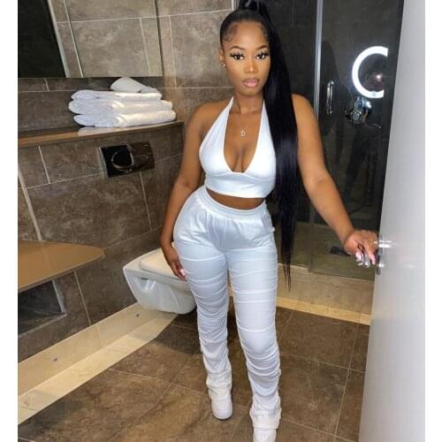 Deep V Neck Sleeveless Bodycon Slim Solid Color Halter Crop Top High Waist Long Pants Crop Tank Top 2 Two Pieces Sets Outfits