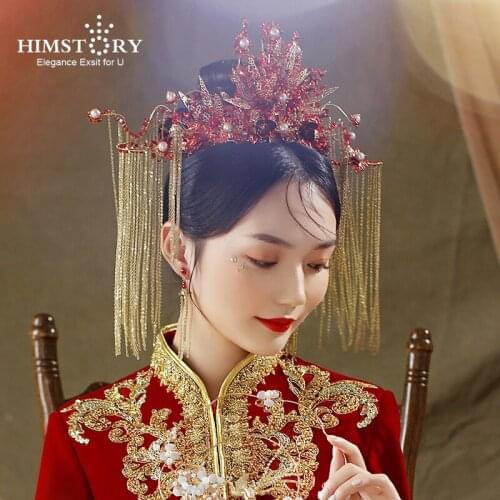 HIMSTORY Traditional Chinese Bridal Headwear Red Beaded Hairpins with Earrings Ancient Wedding Crown Bride Hair Accessories