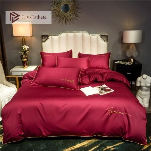 Liv-Esthet Luxury Women Wine Red 100% Cotton Bedding Set High Quality Bed Linen Set Queen King Duvet Cover Pillowcase Flat Sheet