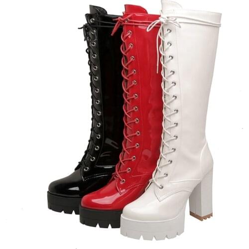 Red White Black Knee Length Women Boots Winter Thick Soled Knight Boots Ladies Martin Boots Faux Patent Leather Motorcycle Boots