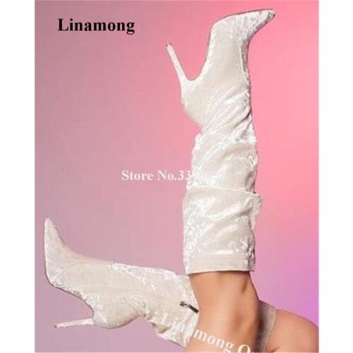Linamong Elegant Pointed Toe Beige Velvet Stiletto Heel Knee High Boots Slim Long High Heel Boots Wedding CLub Dress Shoes