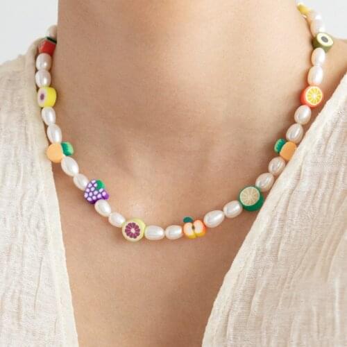 Moda wholesale summer lovely necklace handmade luxury real freshwater pearl jewelry choker Polymer clay fruit beads accessories