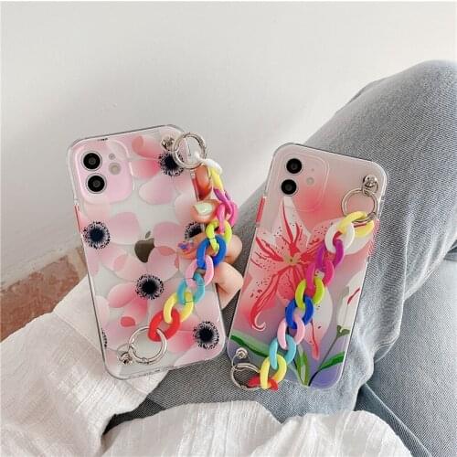 Fashion Pink Flower Bracket Phone Case For iPhone XR 12 Pro MAX 11 XS X SE20 8 7Plus Cute Strap Chain Soft Silicone Cover Fundas