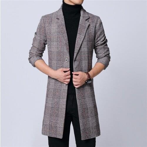 Mens long coat winter woolen melton overcoat plaid gray two buttons full lining long sleeve M-6XL pocket 18NovW4 drop shipping
