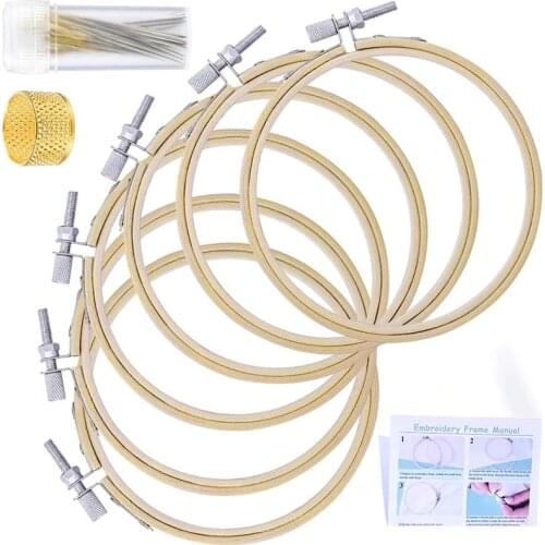 LMDZ Cross Embroidery Hoop Set, 6 Pcs Stitch Hoops, Cross Stitch Circle, Embroidery Circle with 3 Sizes Sewing Needles, Thimble