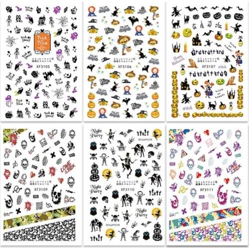 Halloween Nail Decals Stickers 12 Sheets Self-Adhesive DIY Nail Art Tips Stencil for Halloween Party Pumpkin Bat Ghost