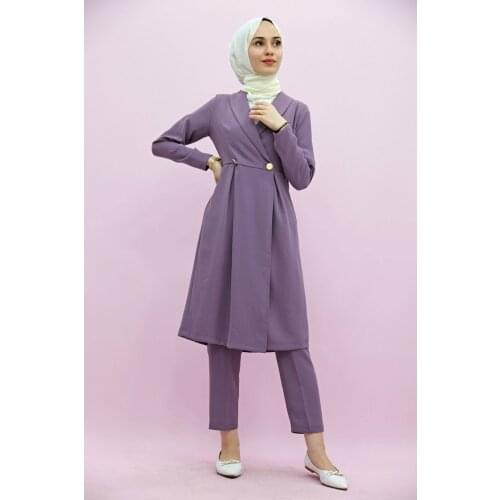 New Season Summer Trend Muslim Dress Double Breasted Collar Suit Lilac