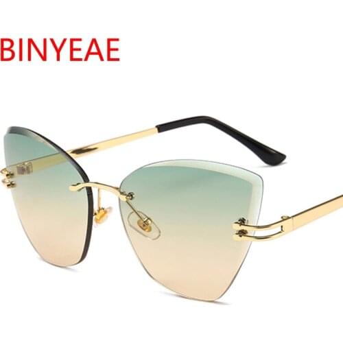 Green tea cat eye sunglasses for women new trends italian brand women shades designer luxury rimless sun glasses UV400