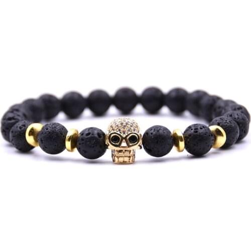 KANGKANG 2019 Retro Dazzling 5 color 8mm stone Bracelet Pave CZ Gold skull Bracelets for Men&Women Classic Jewelry charm gift