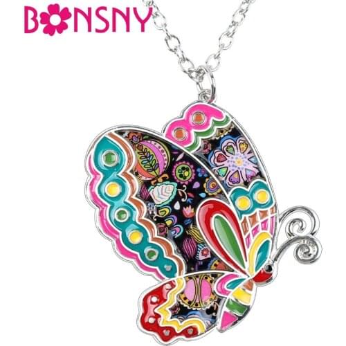 Bonsny Enamel Alloy Floral Butterfly Necklace Pendant Chain Collar Novelty Insect Jewelry For Women Girls Gift Party Accessories