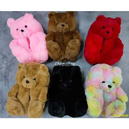 Plush Teddy Bear House Slippers Brown Women Home Indoor Soft Anti-slip Faux Fur Cute Fluffy home slippers Women Winter Warm Shoe