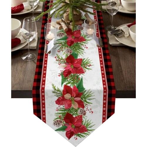 Christmas Poinsettia Flower Pine Cone Lattice Table Runners Wedding Decor Table Cover Christmas Decorations for Home Table Cloth