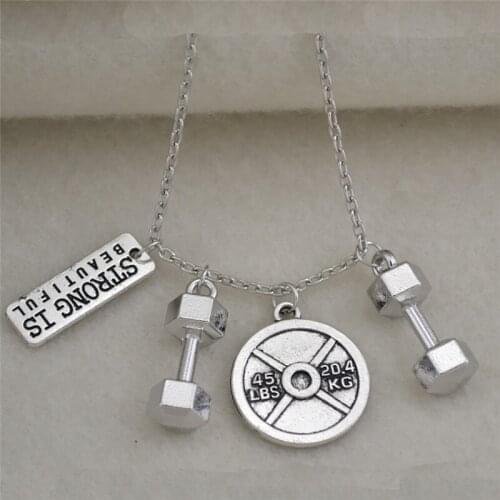 Sporty Style Jewelry Women Men Necklace STRONG IS BEAUTIFUL Written Link Chain Barbell Pendant Zinc Alloy Dropshipping