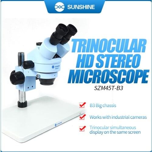SUNSHINE SZM45T-B3 Microscope 7X-45X with Base Table Pillar Stand Zoom Trinocular Stereo Microscopio For Mobile Phone Repair