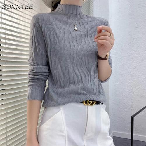 Sweater Pullovers Women Spring Tender Chic All-match Vintage Soft Simple Mock Neck Leisure Elegant Oversize Ladies Fit Solid New