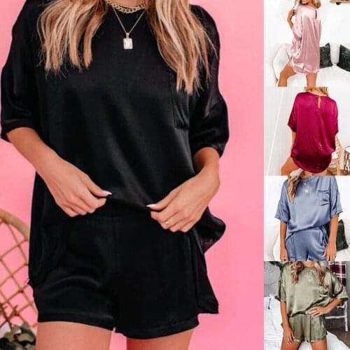 Women Silky Satin 2 Piece Pajamas Short Sleeve O-Neck T-Shirt with Shorts Set Solid Color Loose Sleepwear Loungewear