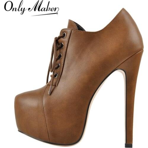 Onlymaker Womens Platform Lace Up Chocolate Ankle Booties High Heels Stiletto Big Size US5~US15 Side Zip Lady Boots