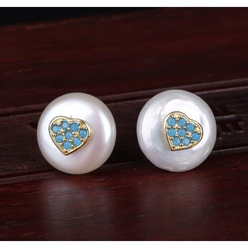 Sky lake blue mint cz crystal pave tiny gold heart natural coin freshwater pearl bead charm button stud earring for women