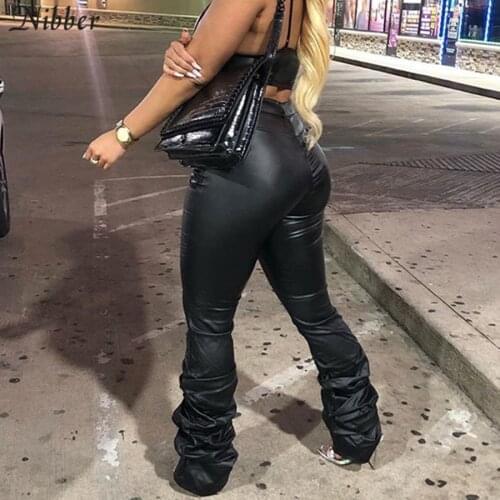 Nibber Stacked Design PU Leather Pencil Pants Women Autumn Winter Vintage Y2K Style High Waist Skinny Club Wear Trousers Female